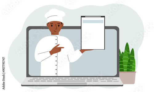 Male cook in a cap. Video, online ordering, menu. Vector flat illustration