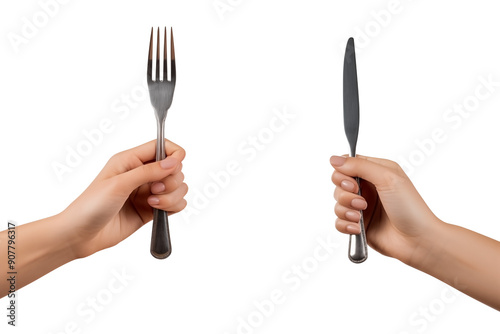 Close Up to Female Hands Holding a knife and a fork PNG isolated on white and transparent background - 