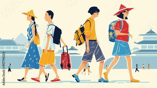 Four tourists walking side side, Asian architecture background, clear day, tourist holds bags, wears hats sunglasses, casual summer clothing. Side profile view, colorful stylized illustration, Asian