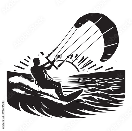 Kitesurfing Kite Surfing silhouette vector on white background.