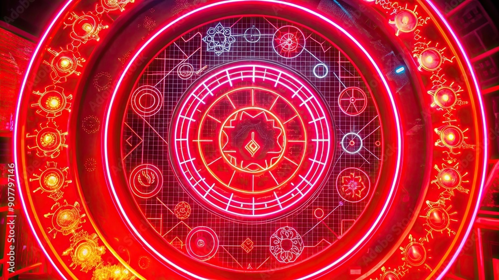Obraz premium Red neon circular pattern with glowing symbols