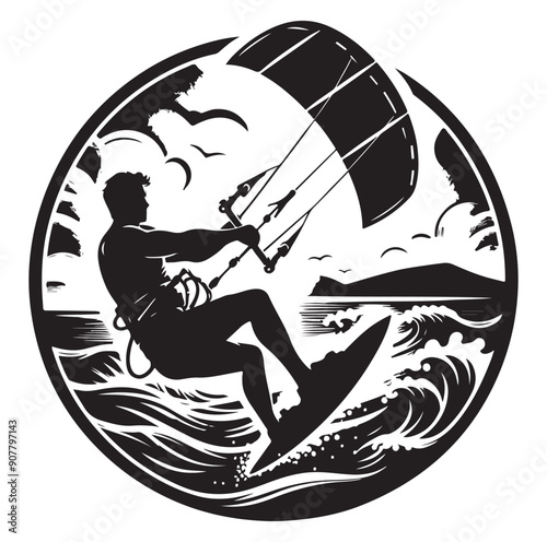 Kitesurfing Kite Surfing silhouette vector on white background.