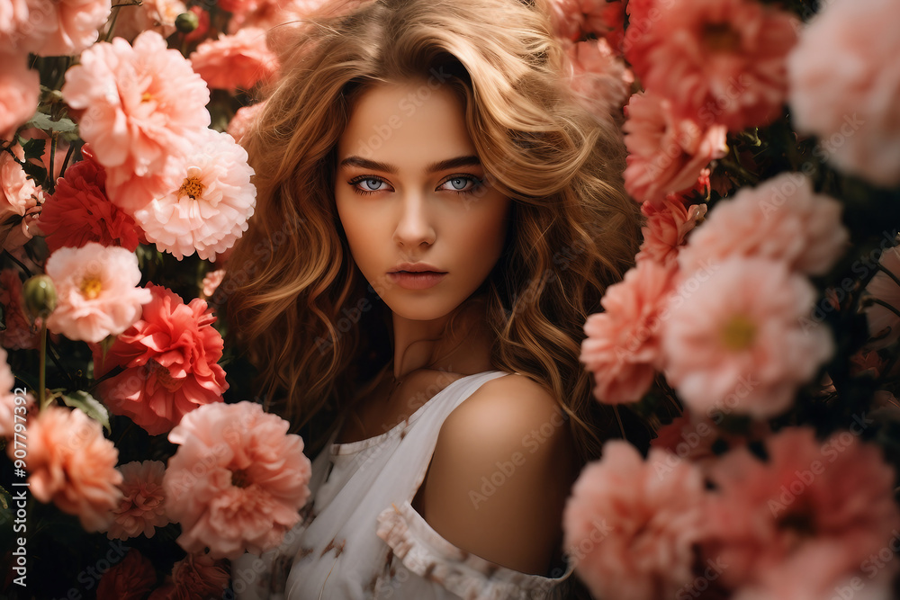 Portrait of a beautiful young woman surrounded by colorful blooms in garden ai generative