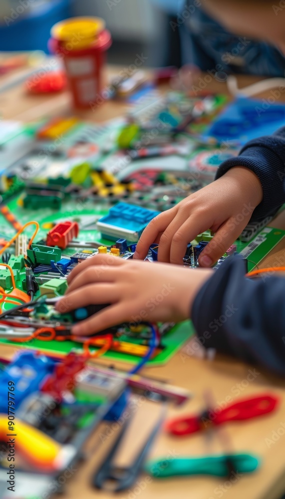 Child's Hands Building a Robot with Colorful STEM Kit Parts and Tools for Educational Learning Child's Hands Building a Robot with Colorful STEM Kit Parts and Tools for Educational Learning