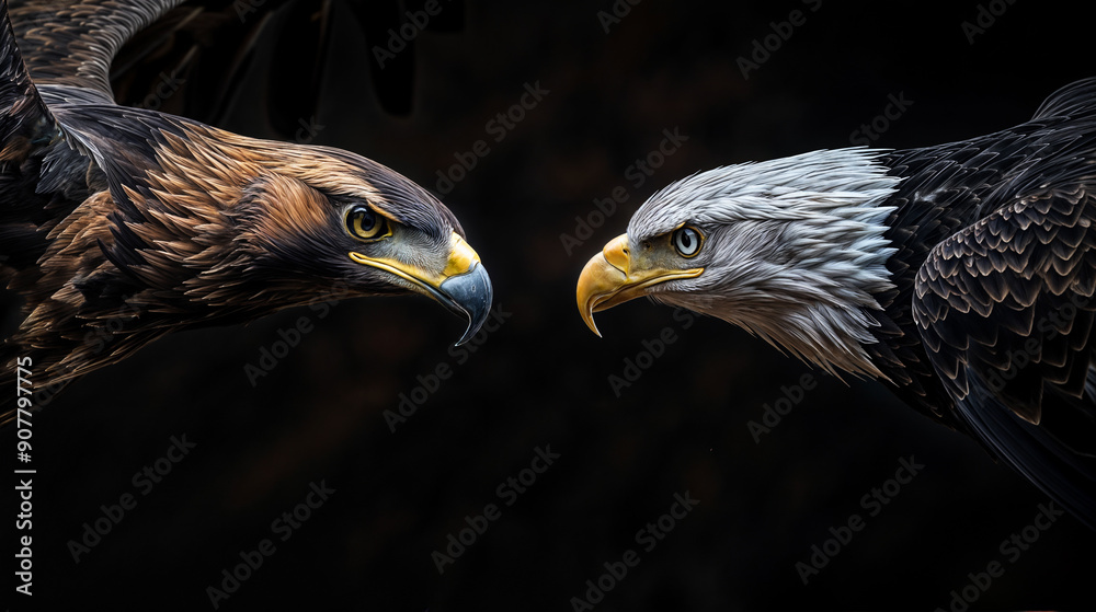 Fototapeta premium Dramatic Close-up of Golden Eagle and Bald Eagle Facing Each Other, Intense Avian Encounter