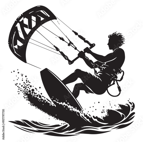 Kitesurfing Kite Surfing silhouette vector on white background.