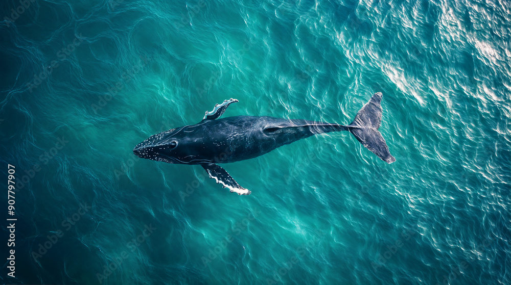 Obraz premium Aerial View of a Humpback Whale Gliding through Clear Turquoise Waters, Serene Marine Life Scene