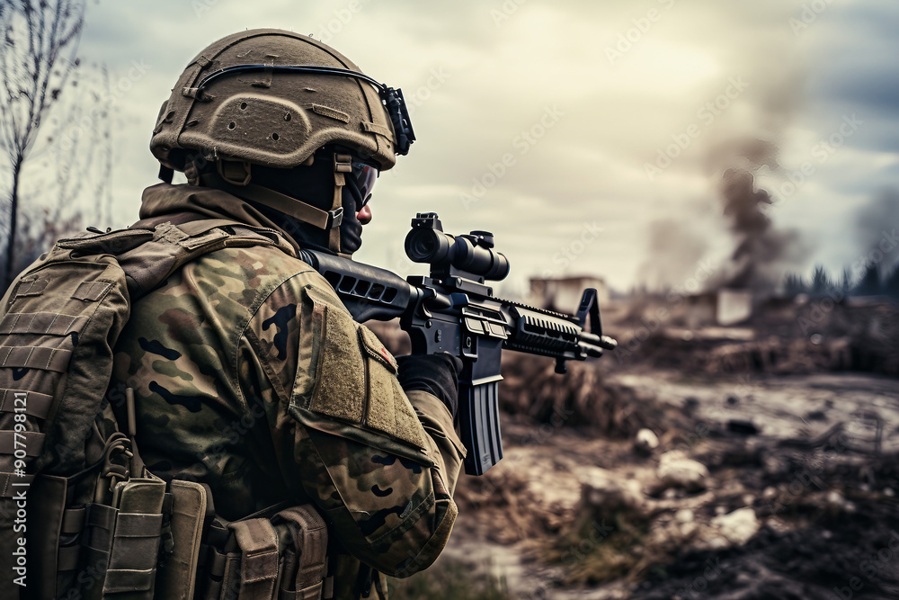 Portrait of a male equipped soldier in military uniform with weapon