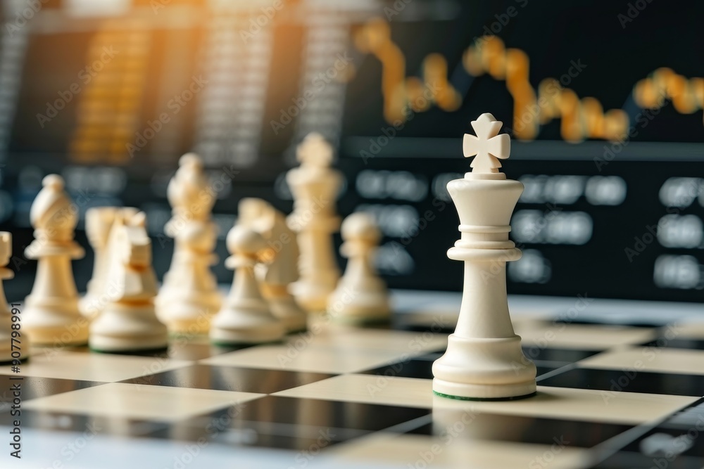 A chess piece standing against a background with stock market charts and graphs. A chess piece standing against a background with stock market charts and graphs.