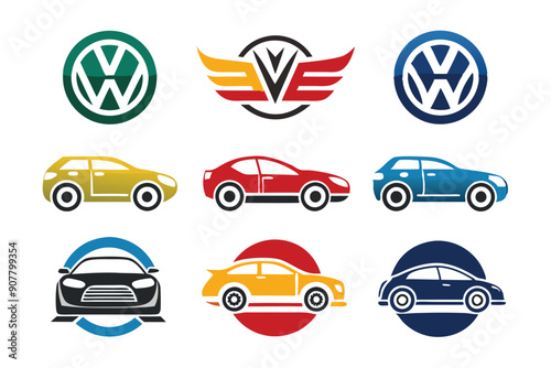 Set of car logos with different colors and designs