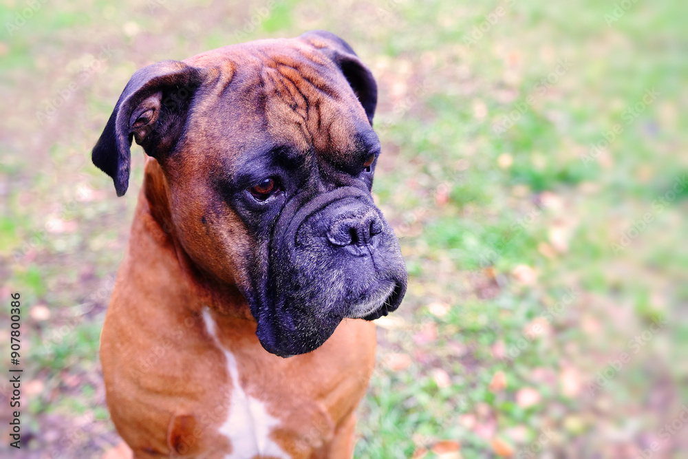 A brown Boxer dog Sits quietly in the Early morning in a grassy park A brown Boxer dog Sits quietly in the Early morning in a grassy park