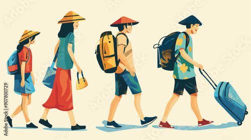 Family vacation travel, walking line, Asian conical hats, luggage, summer clothes. Asian tourists journey, sequential walking pattern, colorful backpacks, holiday attire. Group travelers side view