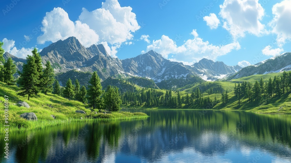 Majestic mountain landscape with a clear blue sky, lush green valleys, and a serene lake reflecting the beauty of nature.