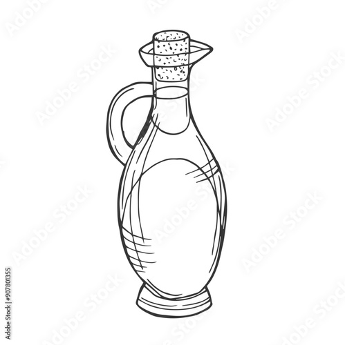 Glass bottle for oil, drinks, vinegar, monochrome vector illustration isolated on white background. Bottle for canola oil, olive, hand drawn sketch