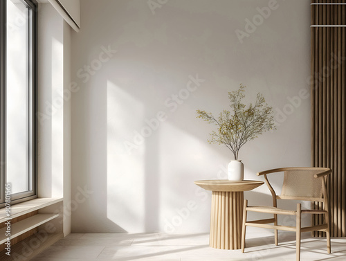 Aesthetic elegant minimalist japandi interior design. Clear mock up empty wall for decoration. Copy space. Neutral palette of natural colors. photo