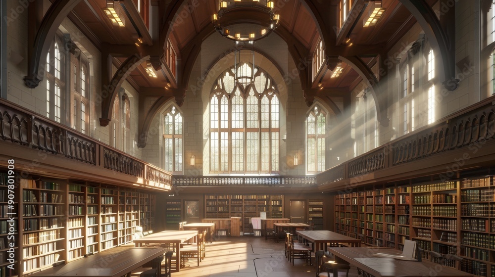 Obraz premium Sunlit Library Interior with Bookshelves and Tables.