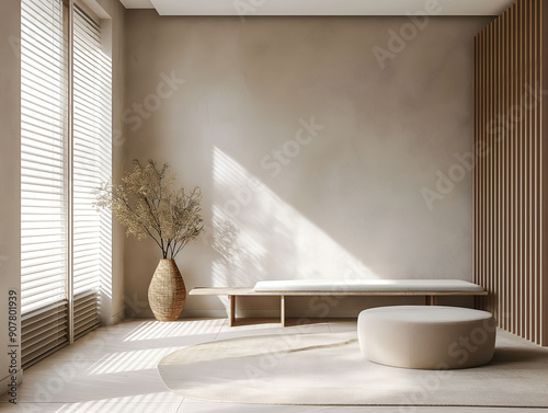 Aesthetic elegant minimalist japandi interior design. Clear mock up empty wall for decoration. Copy space. Neutral palette of natural colors. photo