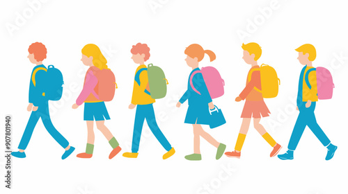Six children walking side side, carrying backpack. Colorful simple vector illustration kids casual clothing going school. Diverse group boys girls shown profile view