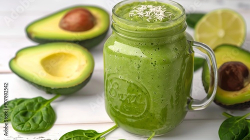 Refreshing Green Smoothie with Avocado, Spinach, and Lime in a Mason Jar on Wooden Table photo