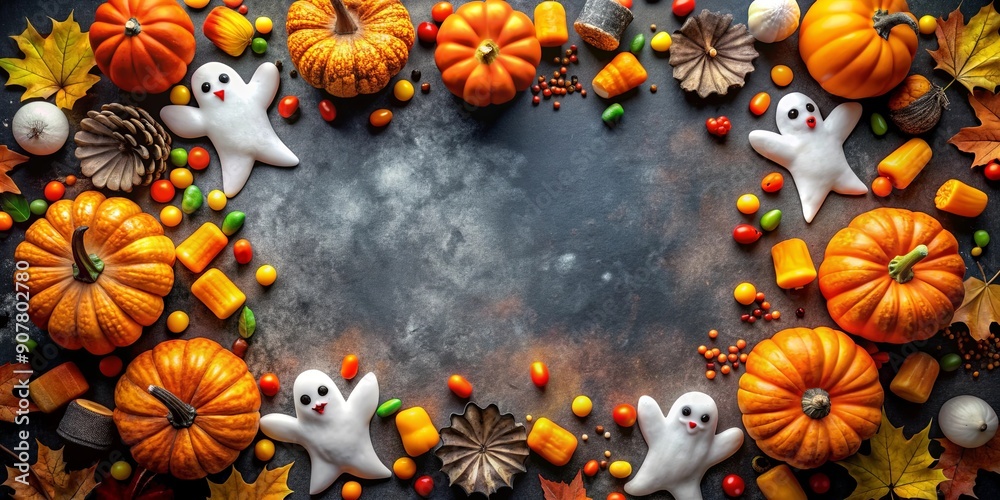 Festive and spooky halloween menu template with pumpkins, ghosts, bats, and candy corn surrounding a blank space, Halloween Festive and spooky halloween menu template with pumpkins, ghosts, bats, and candy corn surrounding a blank space, Halloween
