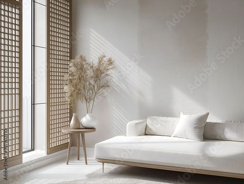 Aesthetic elegant minimalist japandi interior design. Clear mock up empty wall for decoration. Copy space. Neutral palette of natural colors. photo