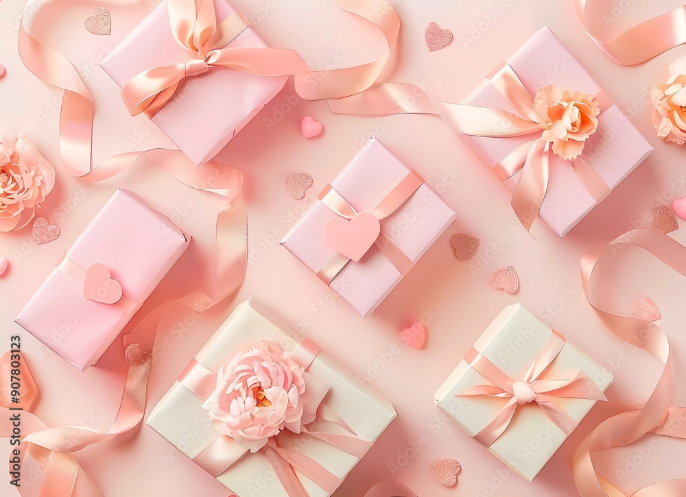 Cute pastel pink gift boxes with satin ribbon, flowers and hearts on a light peach background. Valentine's day or mother’s Day greeting card design Cute pastel pink gift boxes with satin ribbon, flowers and hearts on a light peach background. Valentine's day or mother’s Day greeting card design