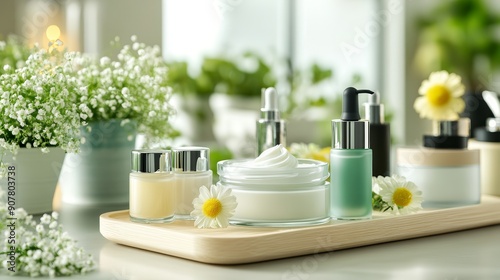 Natural Beauty Products on Wooden Tray with Flowers.