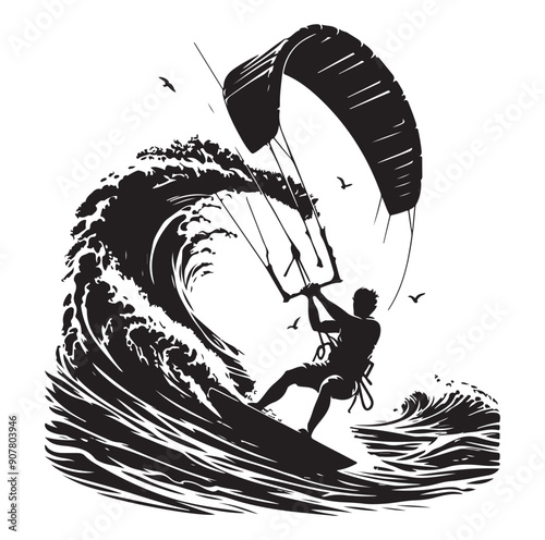 Kitesurfing Kite Surfing silhouette vector on white background.