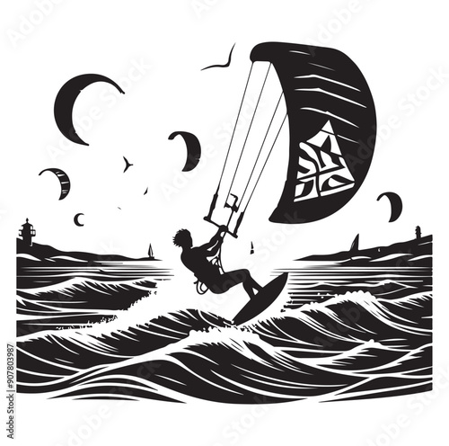 Kitesurfing Kite Surfing silhouette vector on white background.