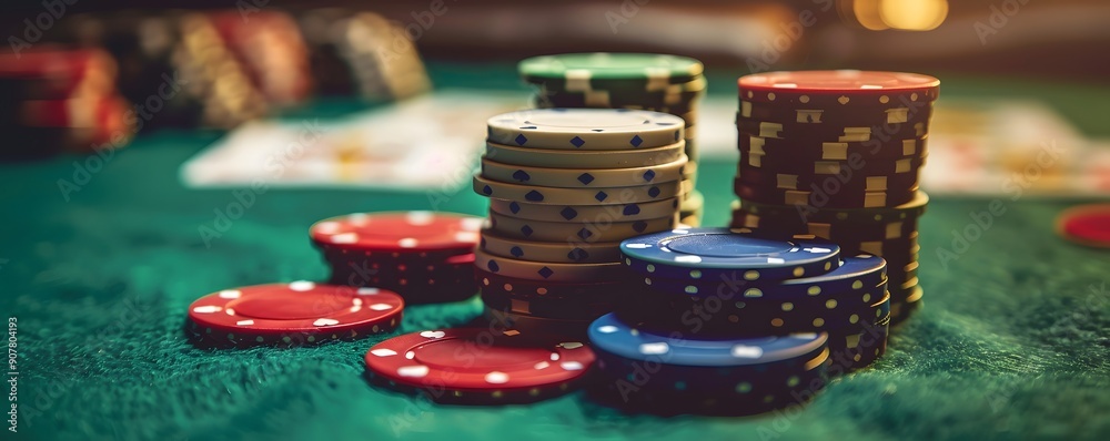 gambling chips in the casino fly and fall on the table with money in the rays of light gambling chips in the casino fly and fall on the table with money in the rays of light