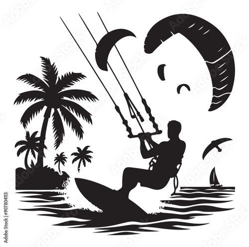 Kitesurfing Kite Surfing silhouette vector on white background.