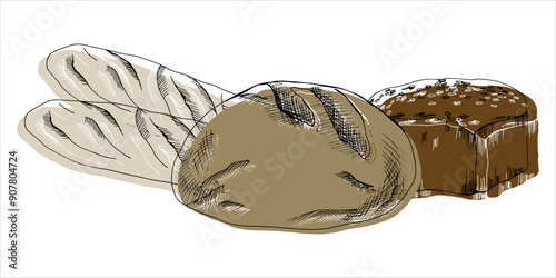 Bakery logo vector composition. Fresh organic bread, French baguette, loaf of bread, brown color for shop label, packing , wallpaper, restaurant and cafe wall design