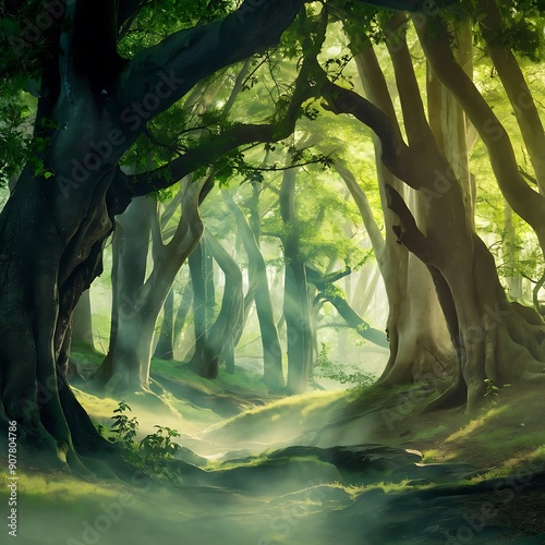 A tranquil forest with towering ancient trees, dappled sunlight filtering through the canopy, and a gentle mist hugging the ground. Softgreen foliage and a clear, babbling brook add to the serene  photo