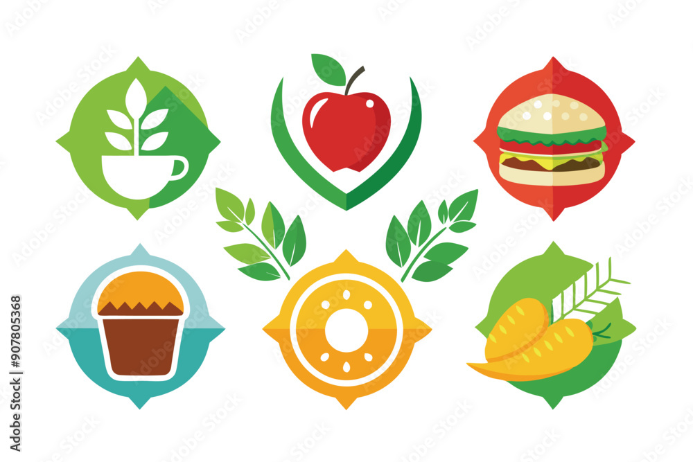 Colorful Food Icons with Green Leaves Colorful Food Icons with Green Leaves