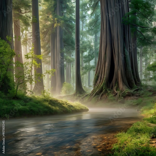 A tranquil forest with towering ancient trees, dappled sunlight filtering through the canopy, and a gentle mist hugging the ground. Softgreen foliage and a clear, babbling brook add to the serene  photo