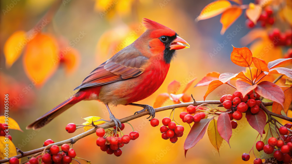 Fototapeta premium bird red cardinal on a branch, red berries, autumn yellow leaves on the trees, fall, season, September, October, November, ornithology, feathers, animals, bird watching, beak, wings, color, forest