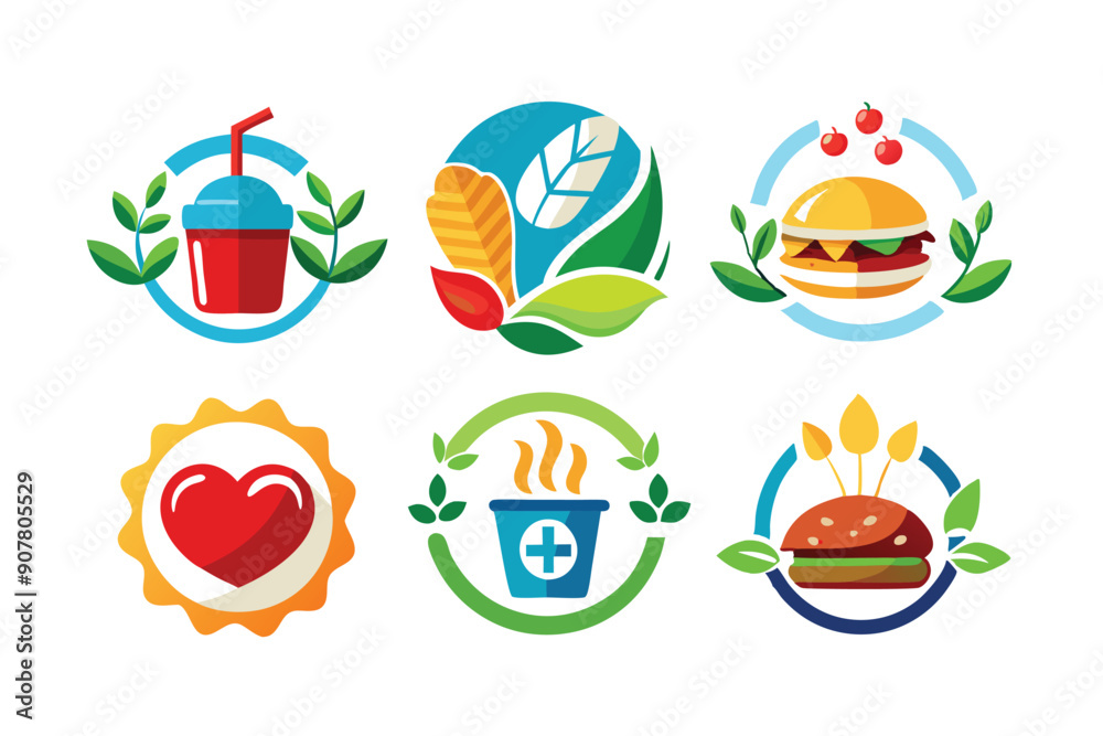 Six Colorful Circular Logos Featuring Food and Drink Items Decorated with Green Leaves Six Colorful Circular Logos Featuring Food and Drink Items Decorated with Green Leaves