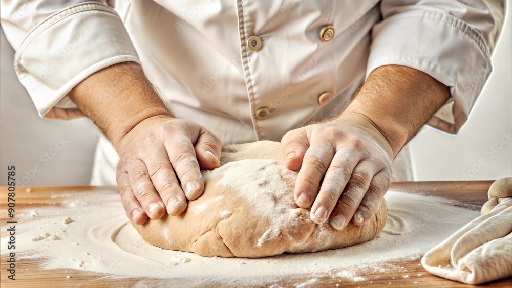 Artisan Baker Meticulously Kneading Dough on Flour-Dusted Countertop: Mastery in Action with Warm Tones and Close-Up Detail, Craftsmanship Stock Photo Artisan Baker Meticulously Kneading Dough on Flour-Dusted Countertop: Mastery in Action with Warm Tones and Close-Up Detail, Craftsmanship Stock Photo