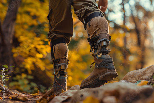 Low angle view at disabled young man with prosthetic leg walking outdoor