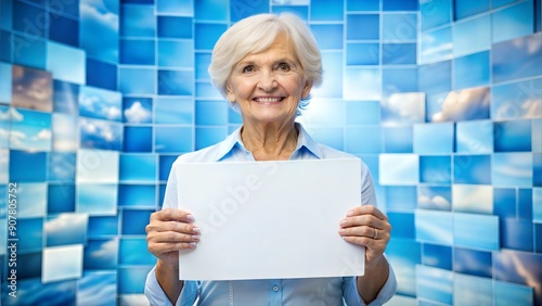 Elderly woman poses with a white square image for your text in a decent advertising style, featuring a fragmented advertising concept and bright stage decorations.