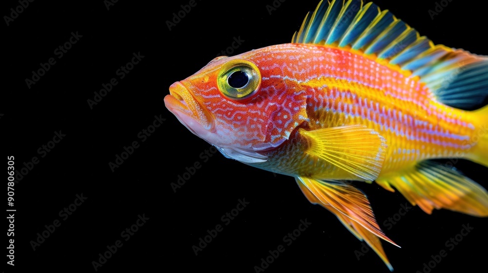 A close-up of a colorful tropical fish swimming gracefully in a coral reef A close-up of a colorful tropical fish swimming gracefully in a coral reef