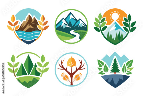 Six Colorful Nature-Themed Logos Featuring Mountains, Trees, and Leaves