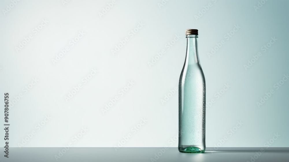 A close-up shot of a glass bottle with a single drop of water rolling down the side A close-up shot of a glass bottle with a single drop of water rolling down the side