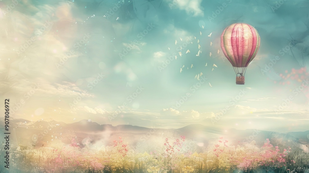 Obraz premium A Hot Air Balloon Ascending Over a Lush, Floral Landscape with a Blue Sky