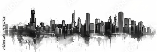A black and white vector illustration of the city skyline of Chicago, including all skyscrapers