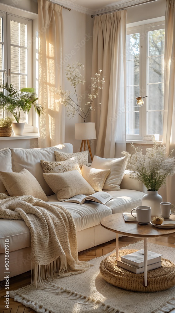 Cozy Room in Light Tones, Warm and Inviting Interior Design with Soft Colors, Comfortable Living Space with Natural Light and Tranquil Atmosphere Cozy Room in Light Tones, Warm and Inviting Interior Design with Soft Colors, Comfortable Living Space with Natural Light and Tranquil Atmosphere