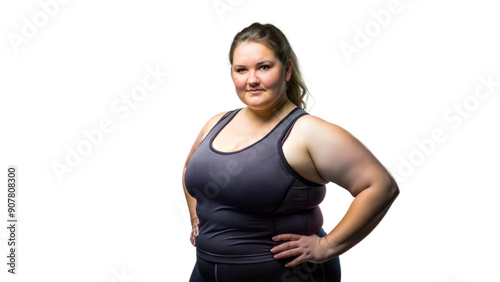 A curvy girl of large size in stylish sportswear poses in a studio portrait on a white and transparent background,