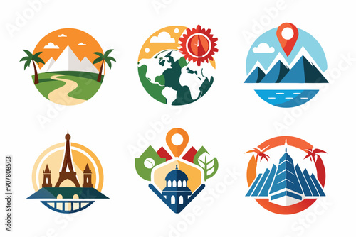 Circular Icons Depicting Travel Destinations Around the World