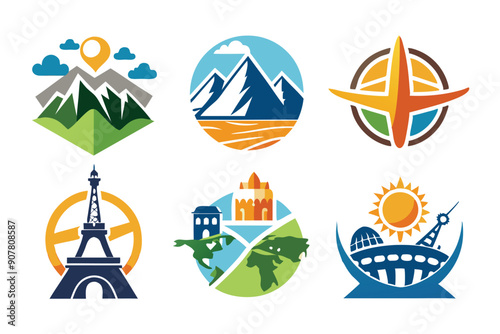 Colorful Travel Icons Representing Landmarks and Destinations