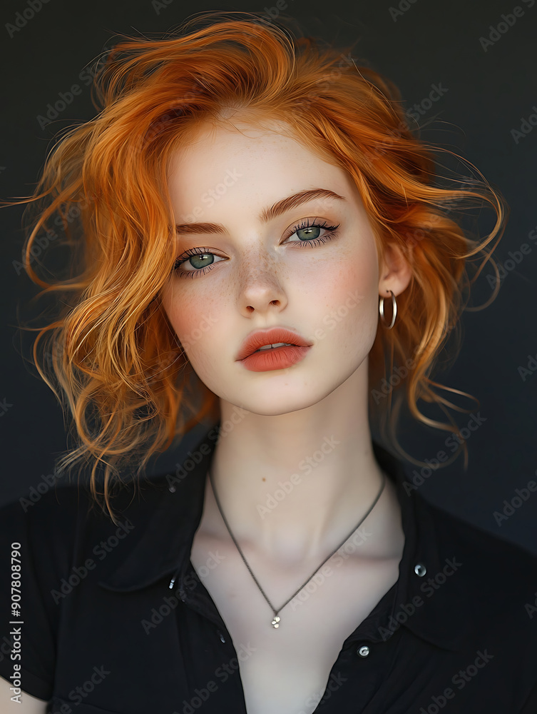 Fototapeta premium A stunning portrait featuring a young red-haired woman with flawless skin, wearing a black shirt and necklace.